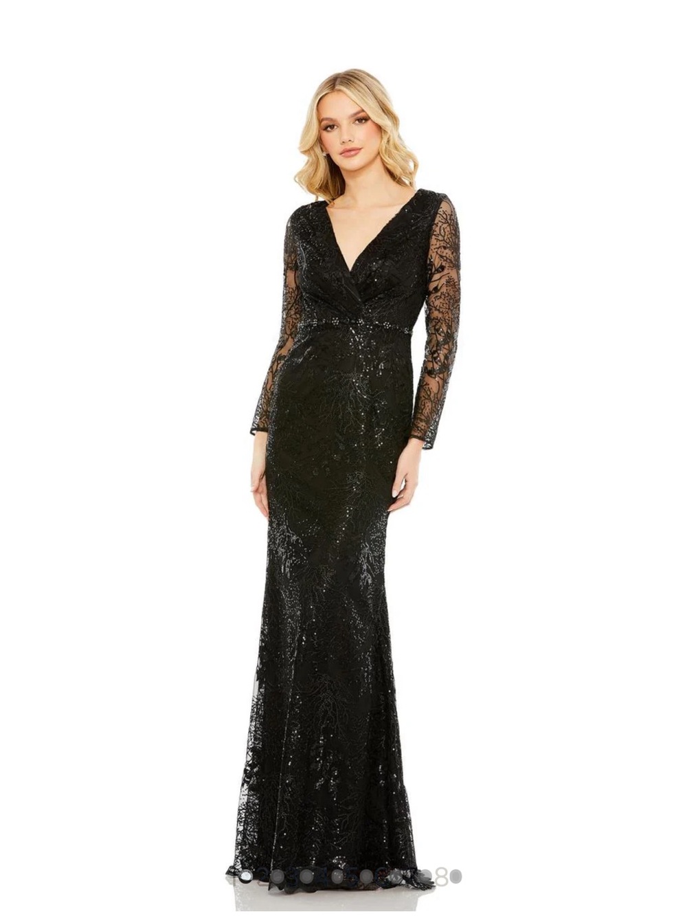 Mac Duggal Black Sequin Lace Long Sleeve Elegant Evening Gown Dress Size 6 NEW